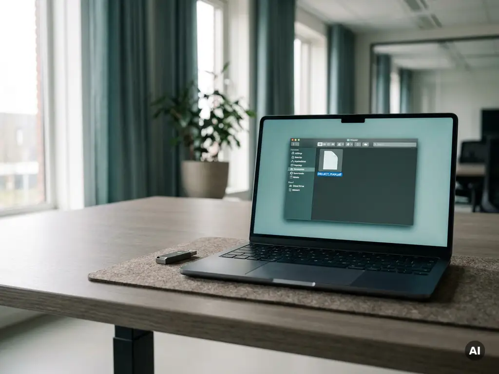 Laptop op modern bureau toont gestructureerde bestandsmap met gemarkeerd bestand, USB-stick ernaast, zakelijke kantooromgeving.