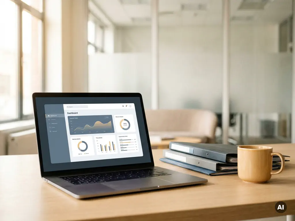 Laptop met dashboard-interface op minimalistisch bureau, omringd door professionele mappen en koffiemok in licht modern kantoor.