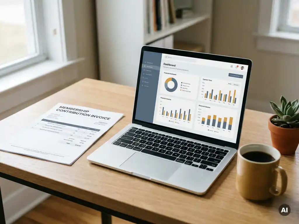 Nette accountantsbureau met contributienota naast laptop met financieel dashboard, kamerplant en koffiemok in warm kantoorlicht.