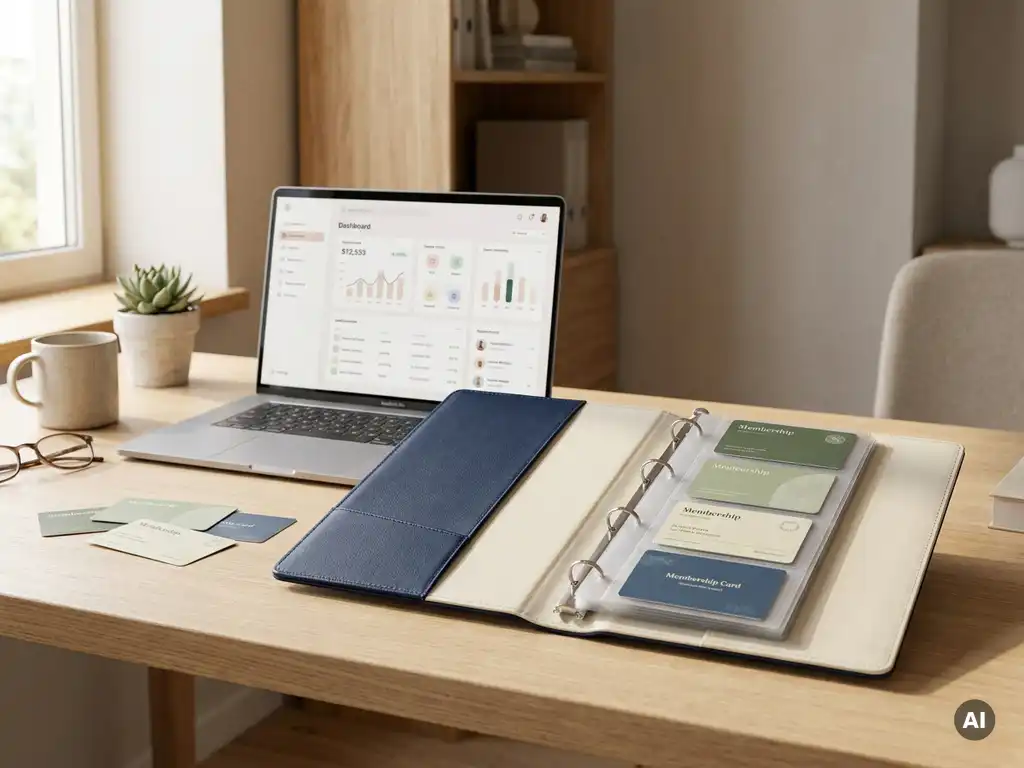 Open ledenkaartenbinder op modern bureau naast verspreide lidmaatschapskaarten en laptop met digitaal dashboard, zacht natuurlijk licht.