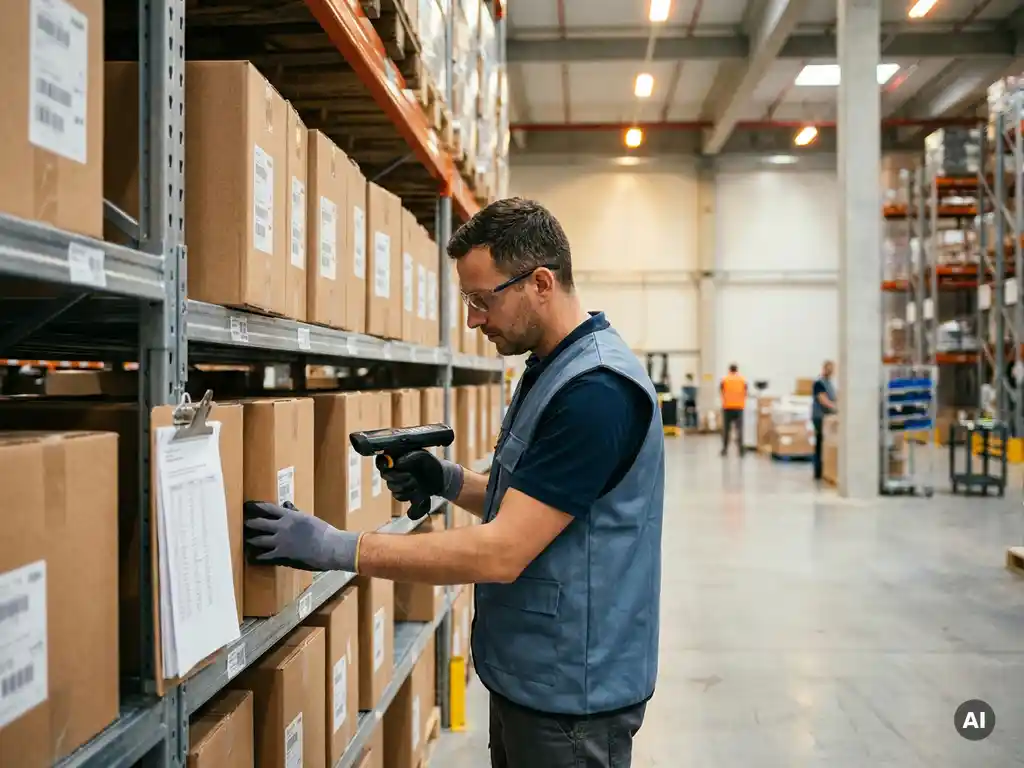Magazijnmedewerker scant barcode op gestapelde kartonnen dozen in modern distributiecentrum, klembord leunt tegen metalen rek.