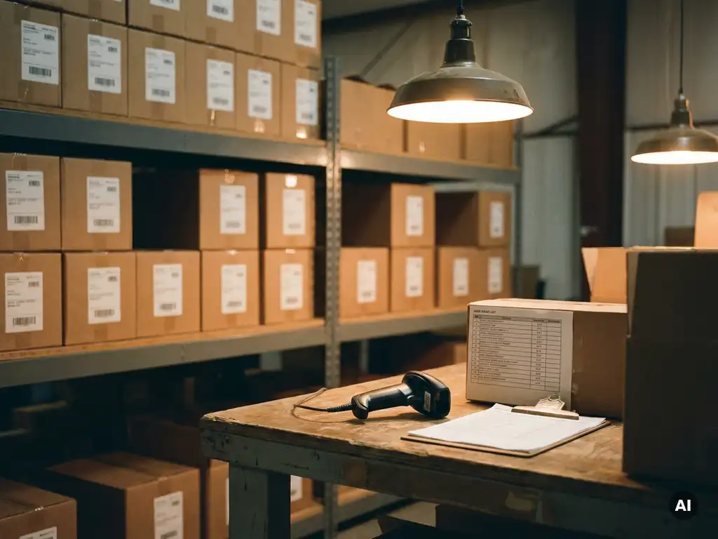 Magazijnstelling met gelabelde kartonnen dozen, een barcodescanner en orderlijst op een houten inpaktafel.