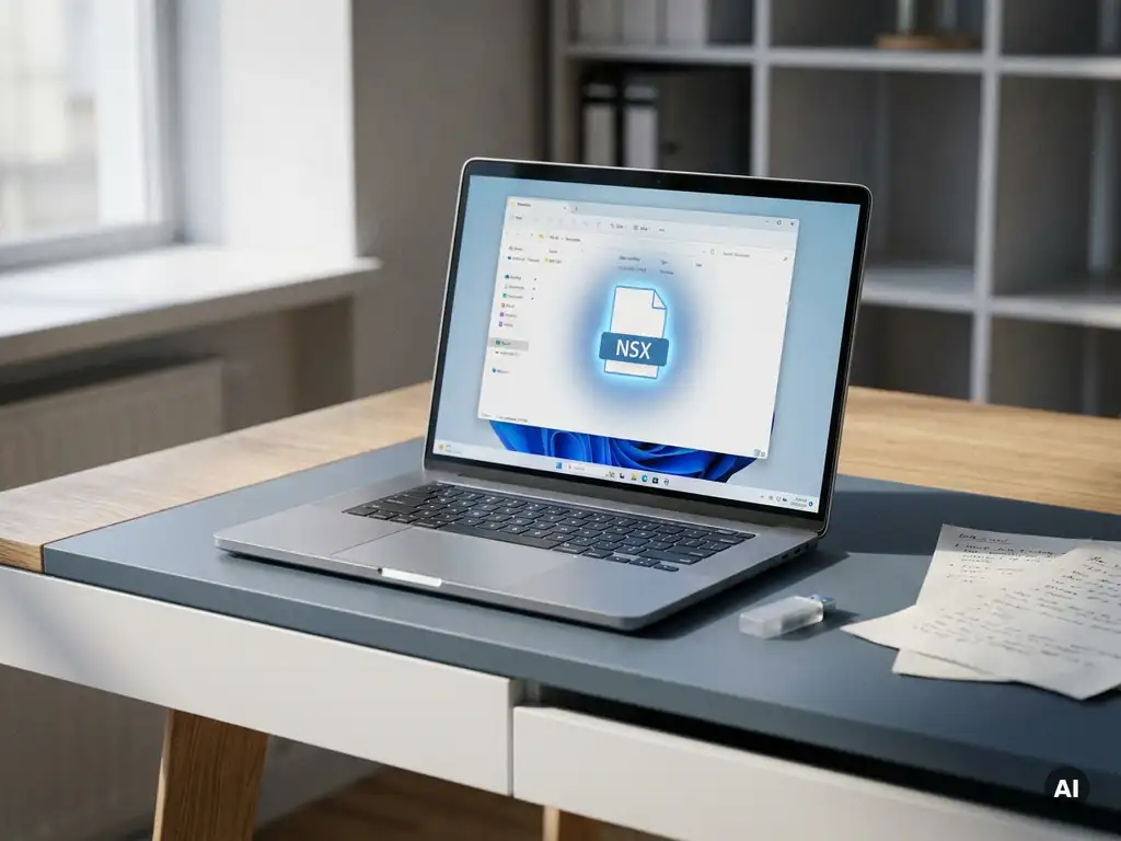 Laptop op bureau met gestructureerde bestandsmap en gemarkeerd NSX-bestand, USB-stick en documenten ernaast.