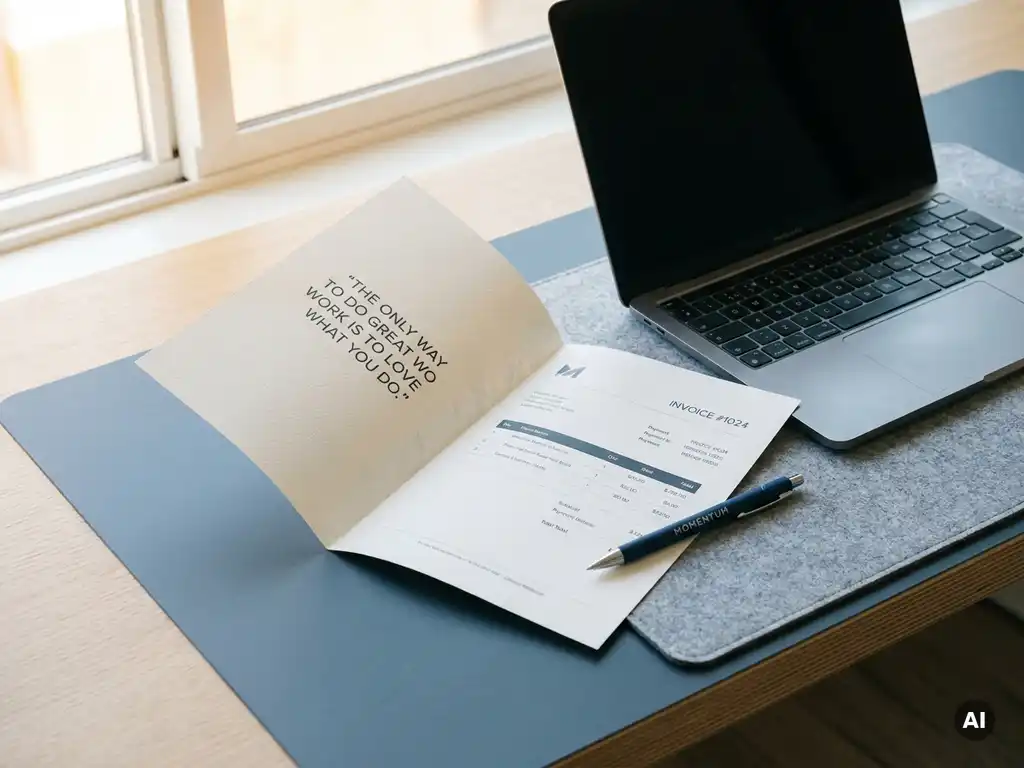 Gedrukte offerte die overgaat in een factuur op modern bureau, met laptop en pen in zacht natuurlijk licht.