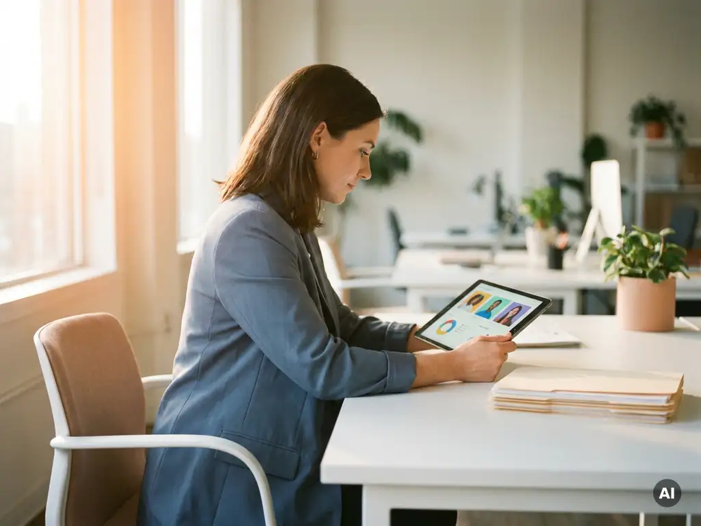 Personeelscoördinator bekijkt medewerkersprofielen op tablet aan modern bureau met personeelsmappen, warm natuurlijk licht.