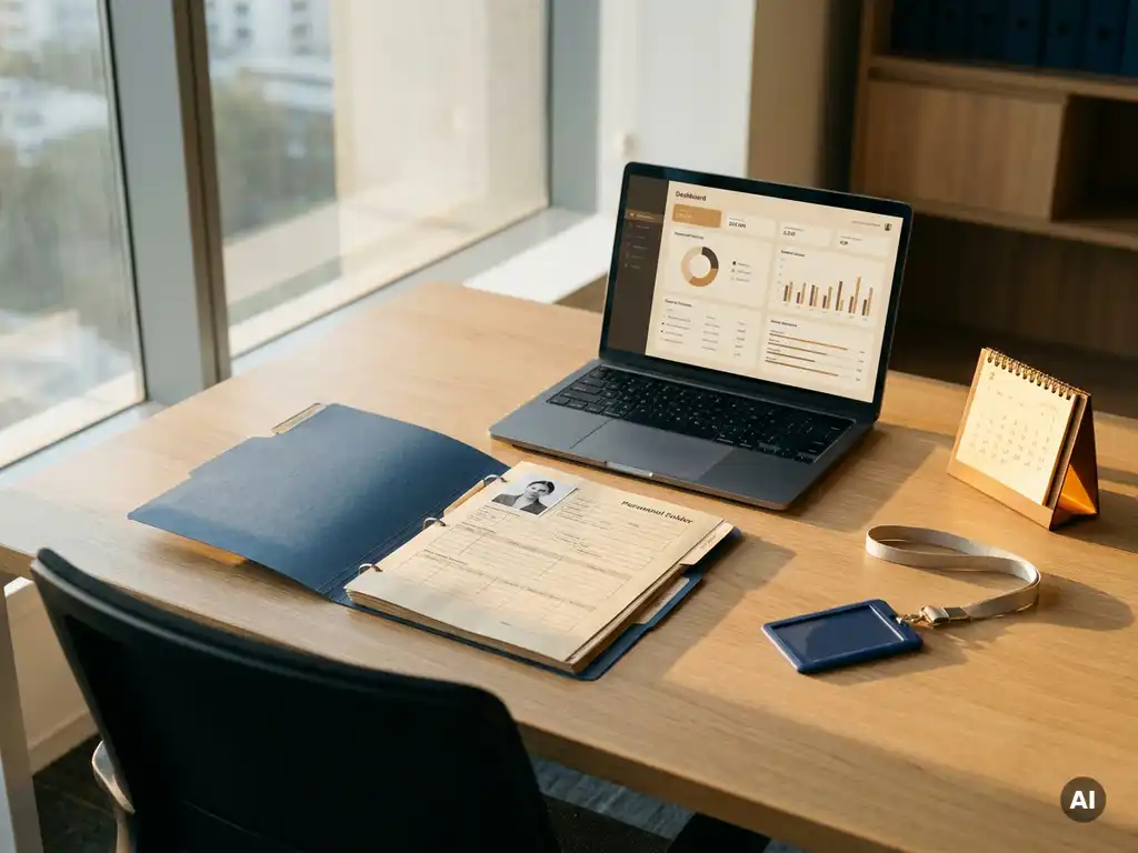 Modern bureau met open personeelsdossier, laptop met dashboard, kalender en ID-badge op licht eiken oppervlak in warm natuurlijk licht.