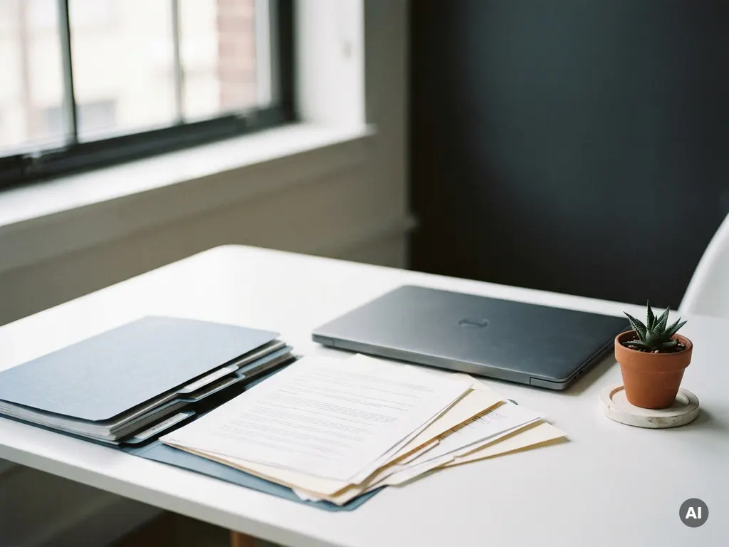 Open personeelsdossier met contractdocumenten naast laptop op modern bureau, klein kamerplantje, zacht natuurlijk zijlicht.