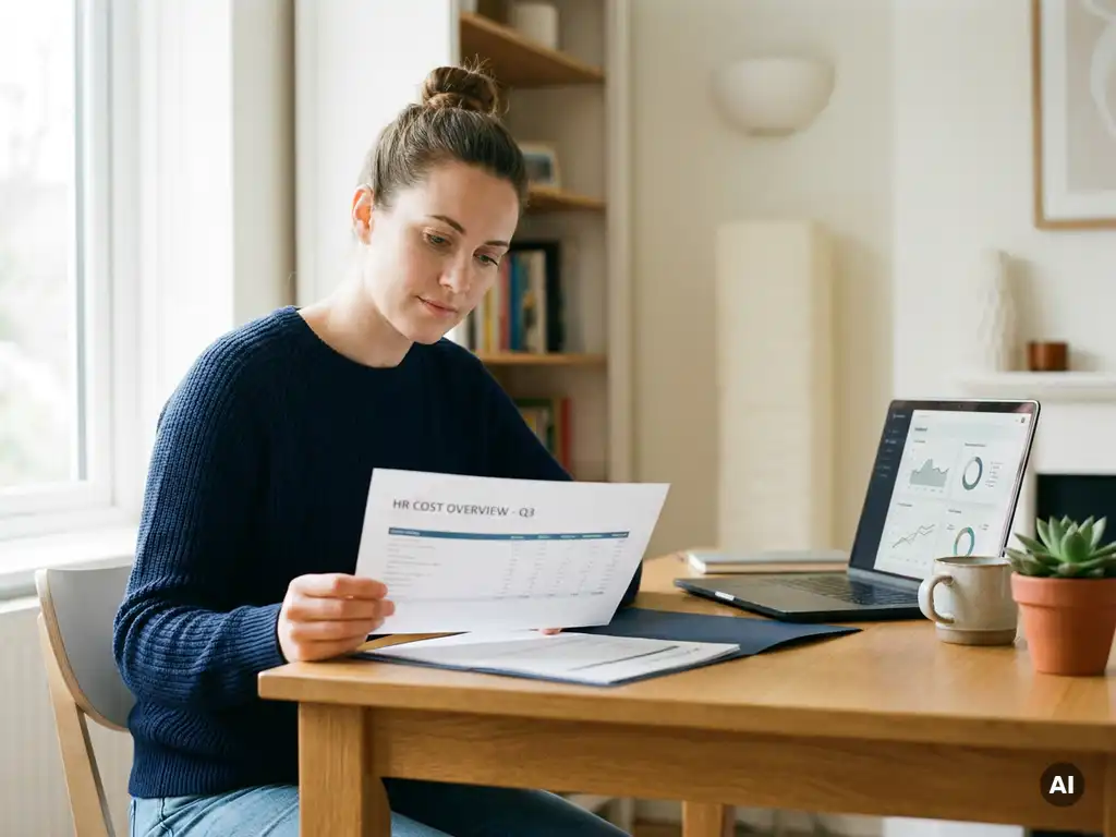 Ondernemer bekijkt HR-kostenrapport op houten bureau met laptop, koffie en plant in warm natuurlijk daglicht.