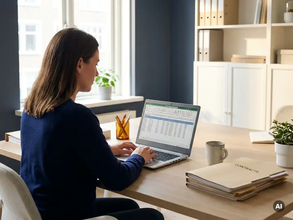 Personeelsmanager bekijkt wekelijkse urenstaat op laptop naast stapels arbeidscontracten op modern Nederlands kantoor.