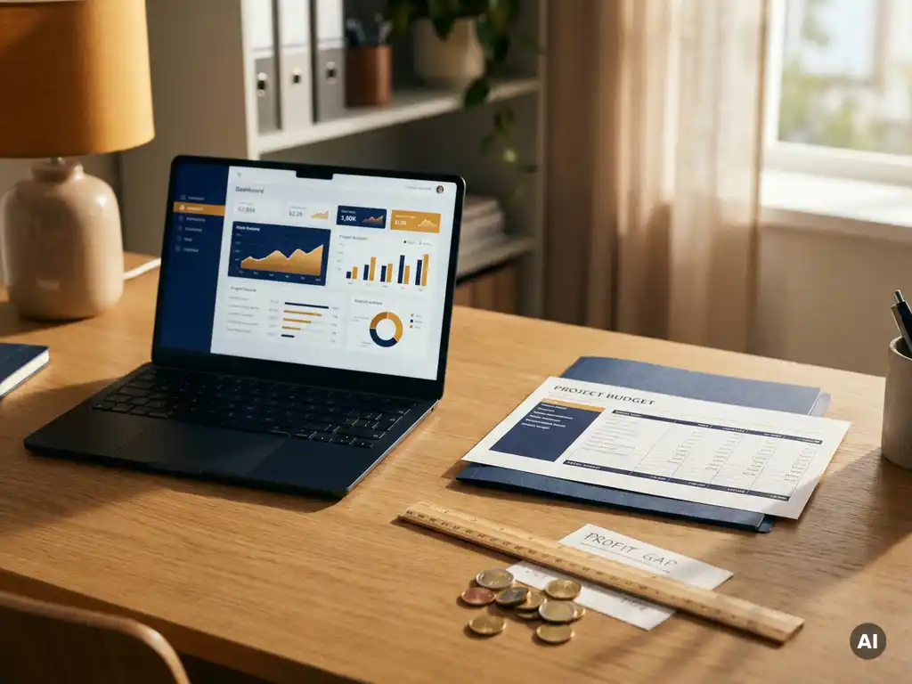 Eikenhouten bureau met projectbudgetoverzicht, laptop met financieel dashboard en euromuntjes naast een liniaal, warm kantoorlicht.