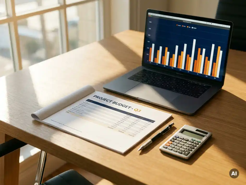 Projectbudgetdocument op modern bureau naast laptop met financiële grafieken, potlood en calculator in warm natuurlijk licht.