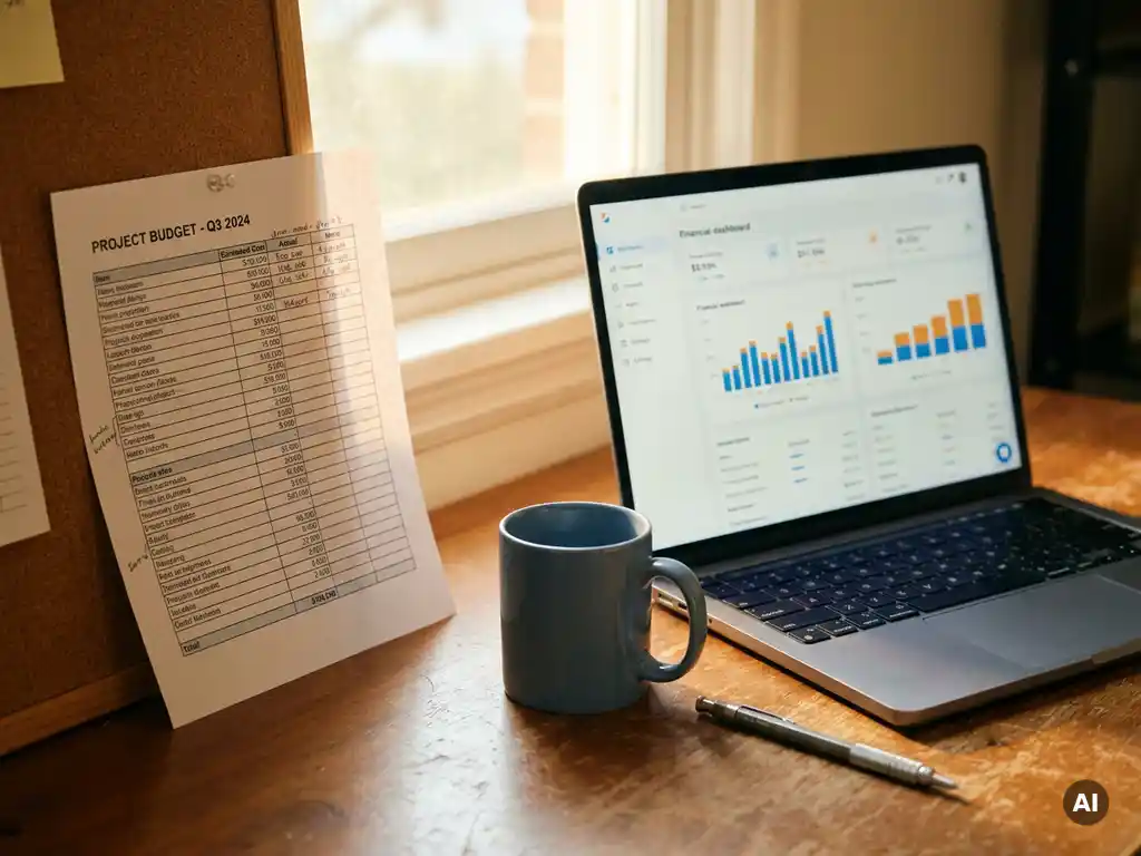 Gedetailleerde projectbudgetspreadsheet op papier geprikt op een kurkbord naast een laptop met financieel dashboard, koffiemok en potlood op houten bureau.