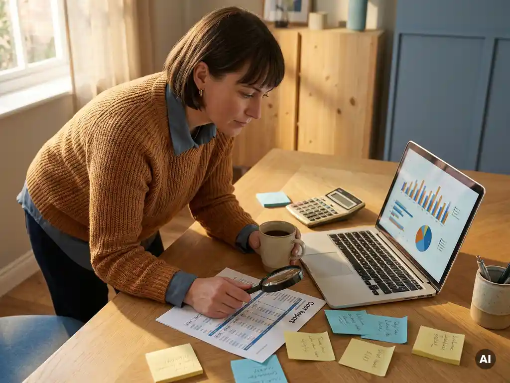 Projectmanager bekijkt kostenrapport naast laptop met budgetgrafieken, rekenmachine en sticky notes op kantoorbureau.