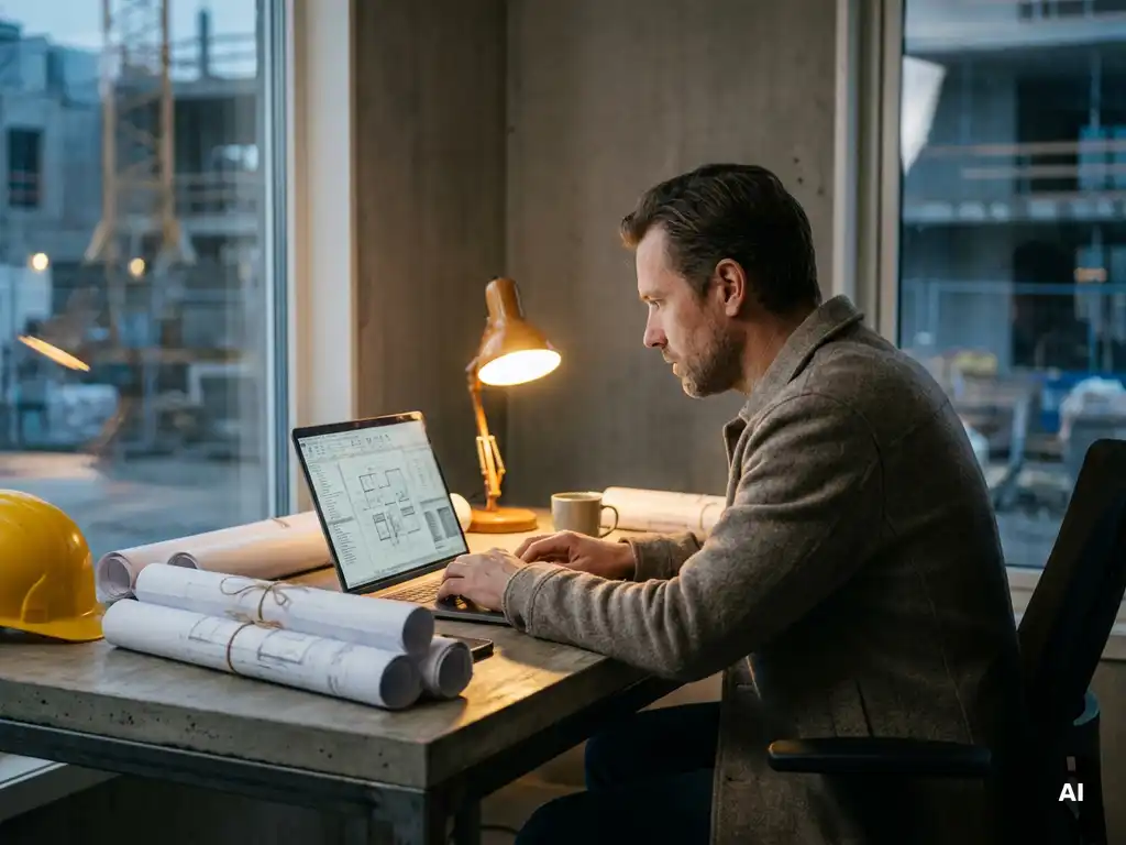 Projectmanager bekijkt RAW-bestekdocument op laptop aan bureautafel met technische tekeningen en bouwhelm.