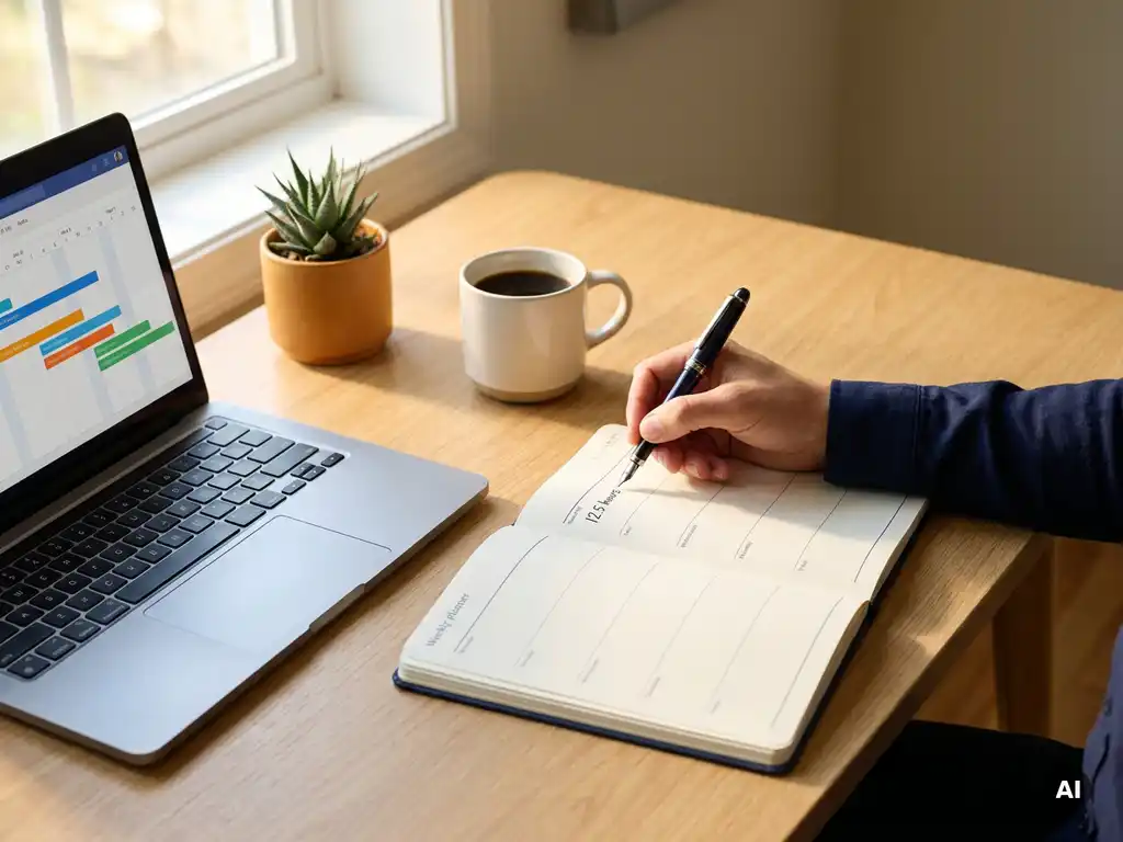 Hand die gewerkte uren noteert in een wekelijkse planner op een eiken bureau, met laptop met projecttijdlijnen op de achtergrond.