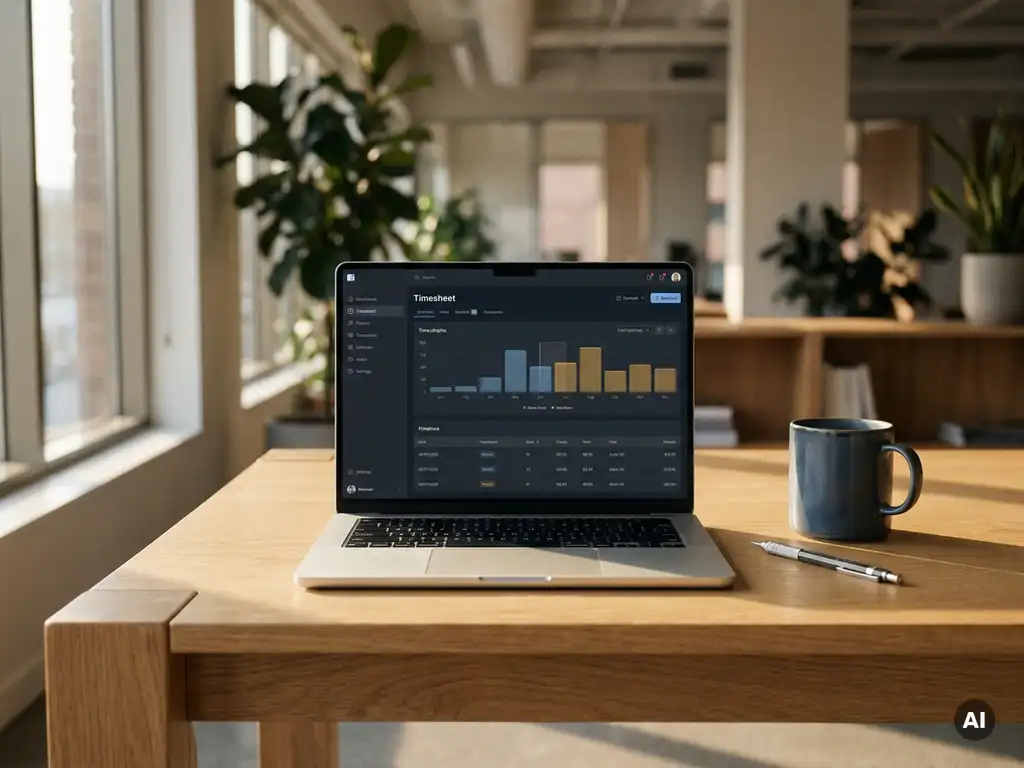Laptop met urenregistratie-dashboard op een eikenhouten bureau, met koffiemok en potlood in warm natuurlijk licht.