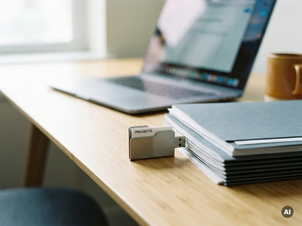 Georganiseerde stapel digitale documenten met uitstekend tabblad op minimalistisch bureau, laptop op de achtergrond, zachte natuurlijke belichting.