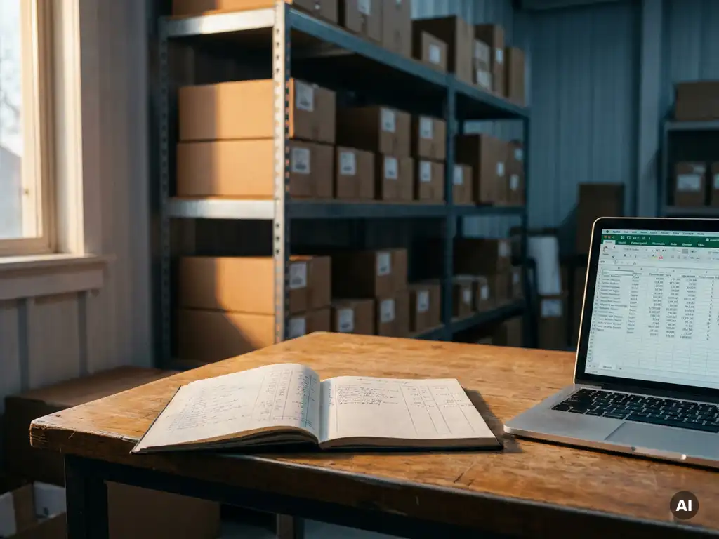 Boekhoudgrootboek en laptop op houten bureau met wazig magazijnrek vol productdozen op de achtergrond.
