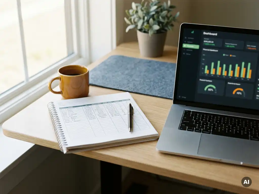 Werknemersregistratie spreadsheet op modern bureau naast laptop met financieel dashboard, koffiekopje en pen in natuurlijk licht.