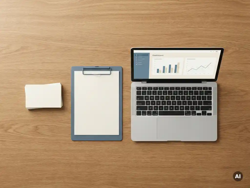 Houten bureau met productkaarten, voorraadklembord en laptop met dashboard in minimalistische bovenaanzicht compositie.