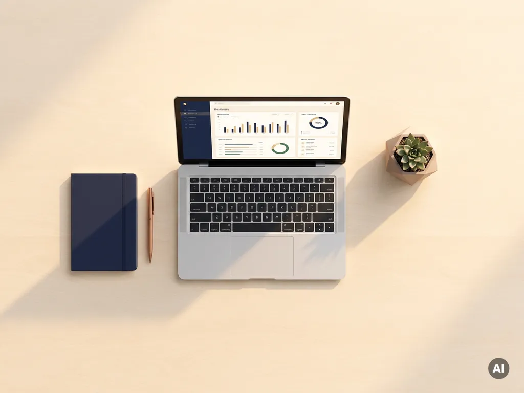 Minimalistisch bureau van bovenaf met open laptop, notitieboek, pen en kleine plant in warm ochtendlicht.