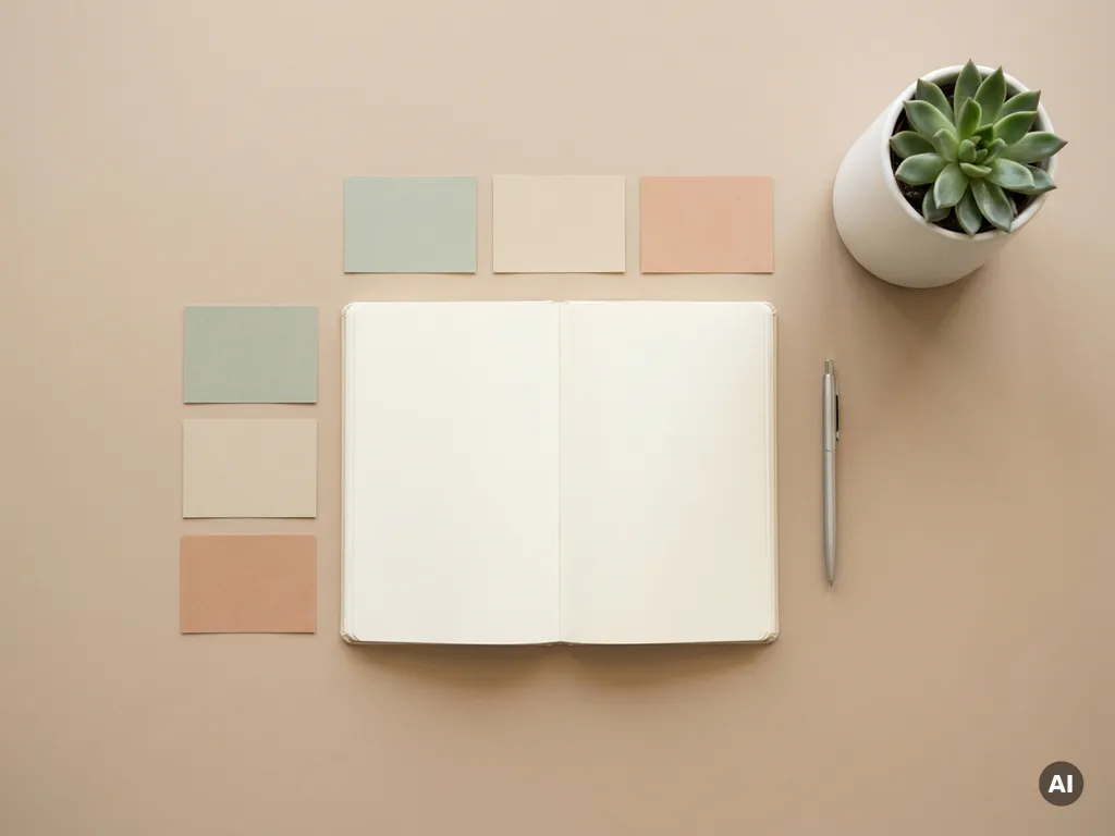 Minimalistische werkplek met open projectplanner, gekleurde taakaarten in rijen en een groene plant op zandkleurig bureau.