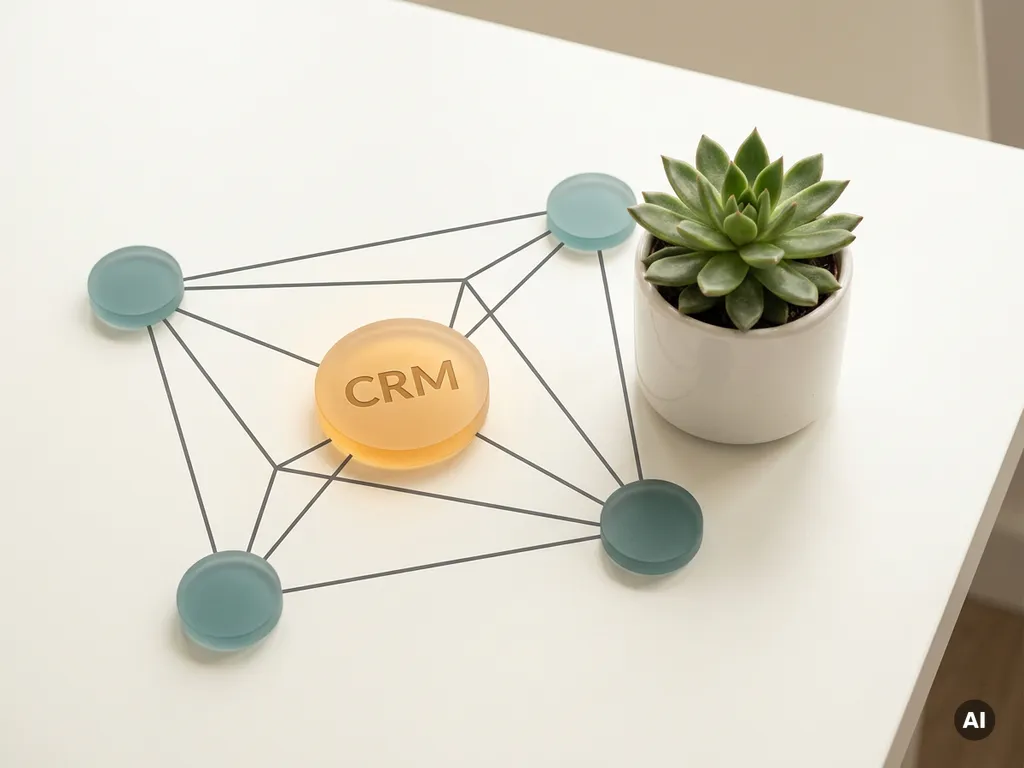 Geometrisch netwerk van verbonden knooppunten op wit bureau, centraal amber CRM-knooppunt met groene plant, bovenaanzicht.