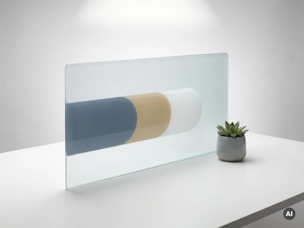 Frosted glazen paneel op wit bureau met geometrische vormen die pijplijnfasen weergeven, kleine kamerplant ernaast, minimalistische compositie.