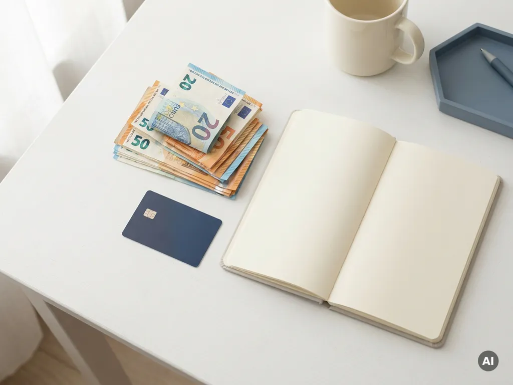 Stapel eurobiljetten en een zakelijke bankpas op een wit bureau naast een open notitieboekje, minimalistische flatlay.