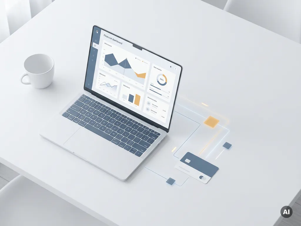 Laptop met financieel dashboard op wit bureau naast een bankpas, bovenaanzicht in minimalistische kantooromgeving met zacht daglicht.