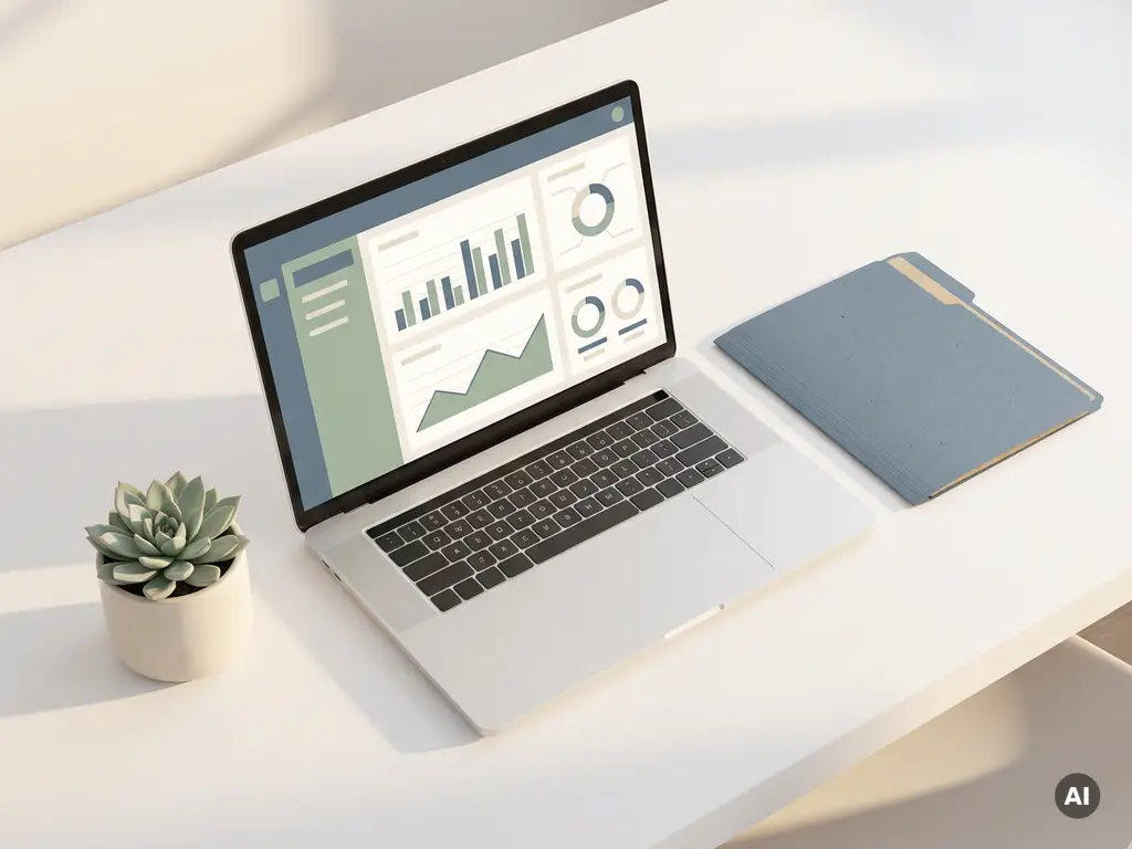 Laptop met financieel dashboard op wit bureau, omringd door plant en map in zacht ochtendlicht.