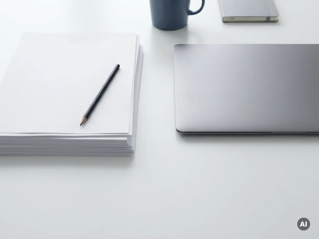 Stapel witte formulieren naast een laptop op een minimalistisch bureau, met een potlood diagonaal op de papieren.