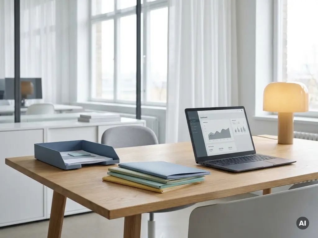 Opgeruimd houten bureau met kleurgecodeerde mappen, open laptop met dashboard en postvakje in modern, licht kantoor.
