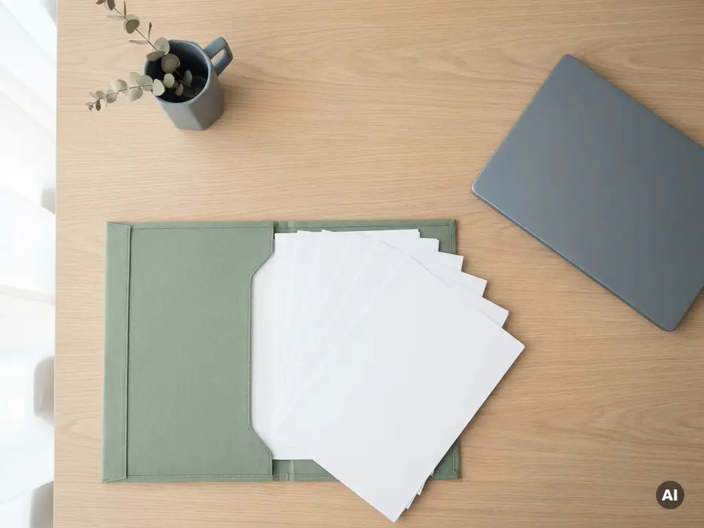 Open map met witte documenten op licht eiken bureau naast gesloten laptop, minimalistische werkplek in saliegroen en wit.