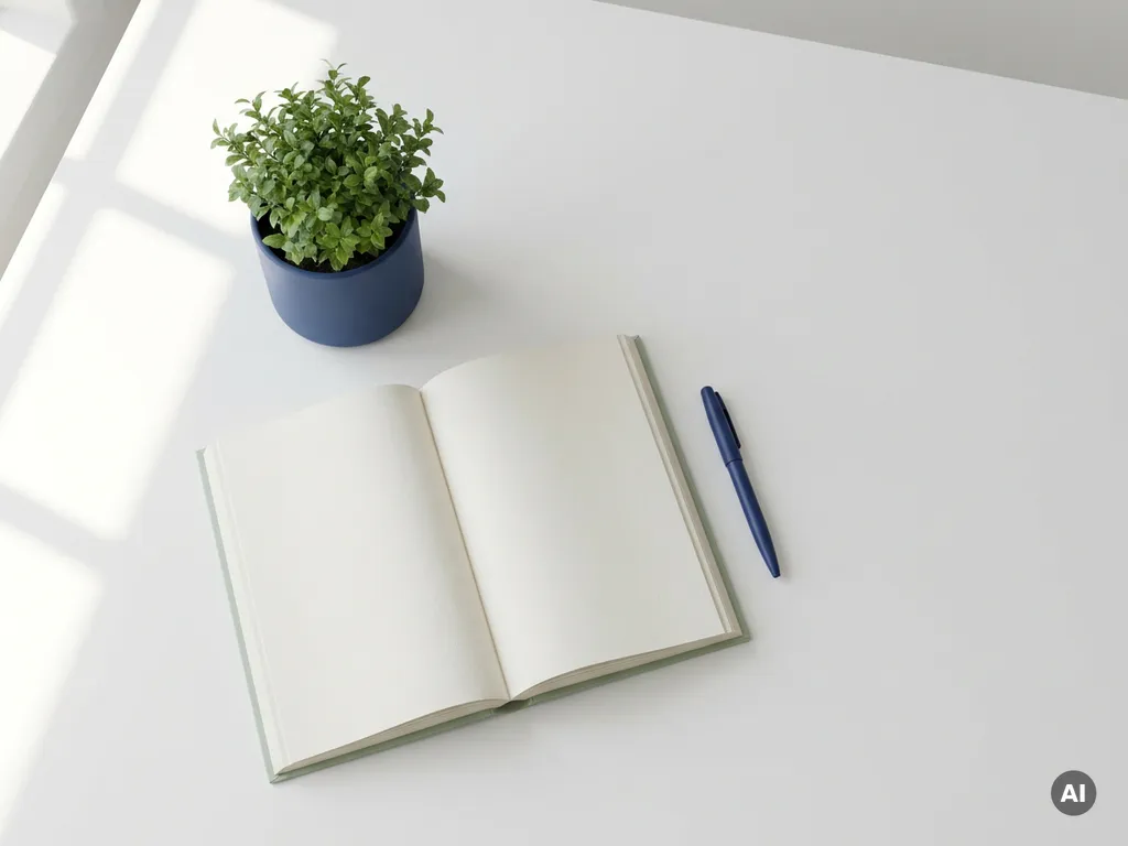 Open kasboek op wit bureau naast een kleine groene plant, met zachte geometrische schaduwen in salie- en gebroken witte tinten.