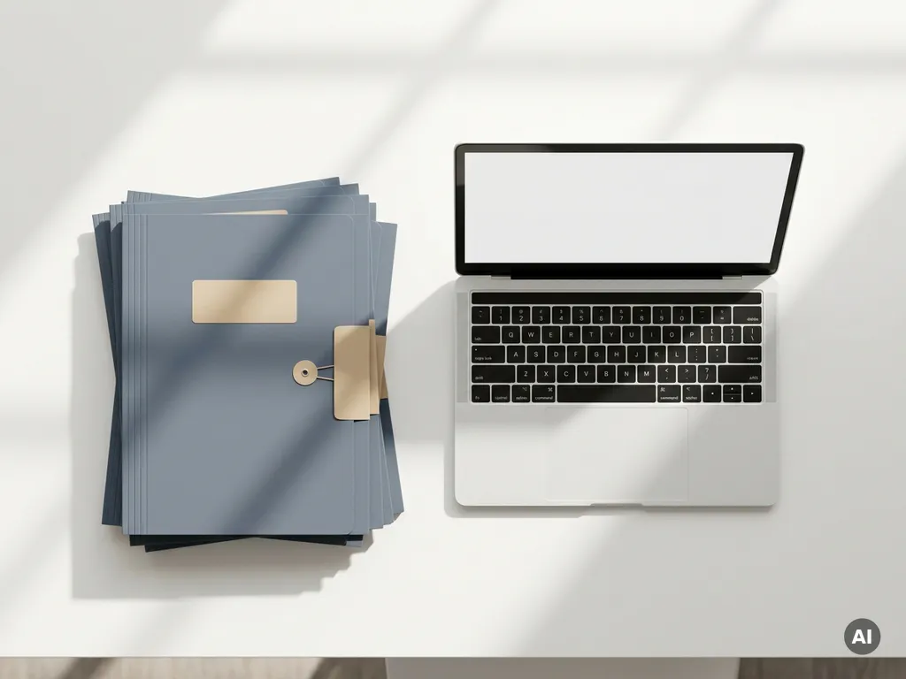 Stapel georganiseerde handelscontractmappen naast een open laptop op een wit bureau, gefotografeerd van bovenaf in blauw en zandtinten.