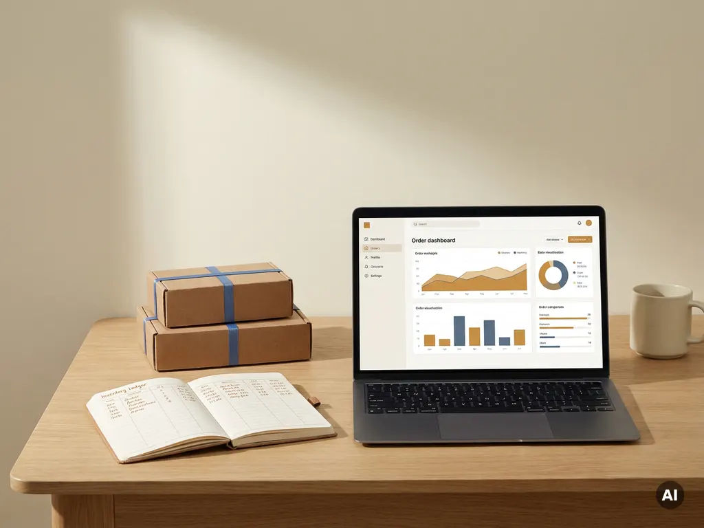 Houten bureau met voorraadboek, productdozen en laptop met orderoverzicht in warme amber- en leisteenblauw tinten.