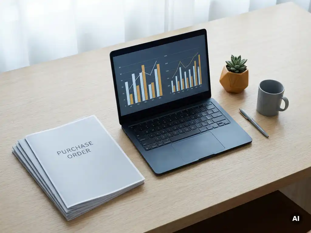 Houten bureau met inkooporderdocumenten, open laptop met dashboardgrafieken en een vetplant in zacht natuurlijk licht.