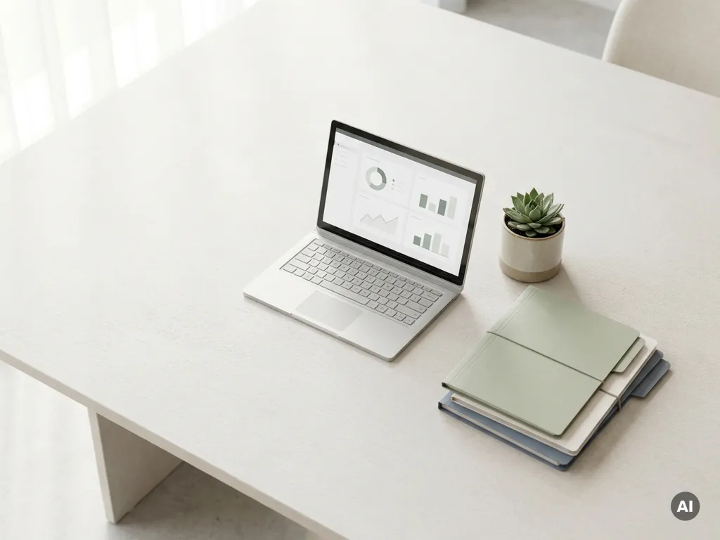 Minimalistische kantaarwerkplek met laptop, dashboard, succulent en stapel personeelsmappen in saliegroen, wit en leisteenblauw.