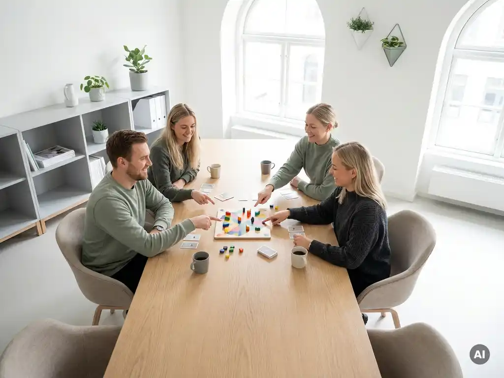 Collega's spelen een bordspel aan een houten tafel in een lichte, moderne kantinekamer.