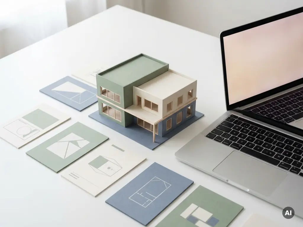 Miniatuur 3D-maquette van kantoorgebouw op wit bureau met geometrische projectkaarten en open laptop.