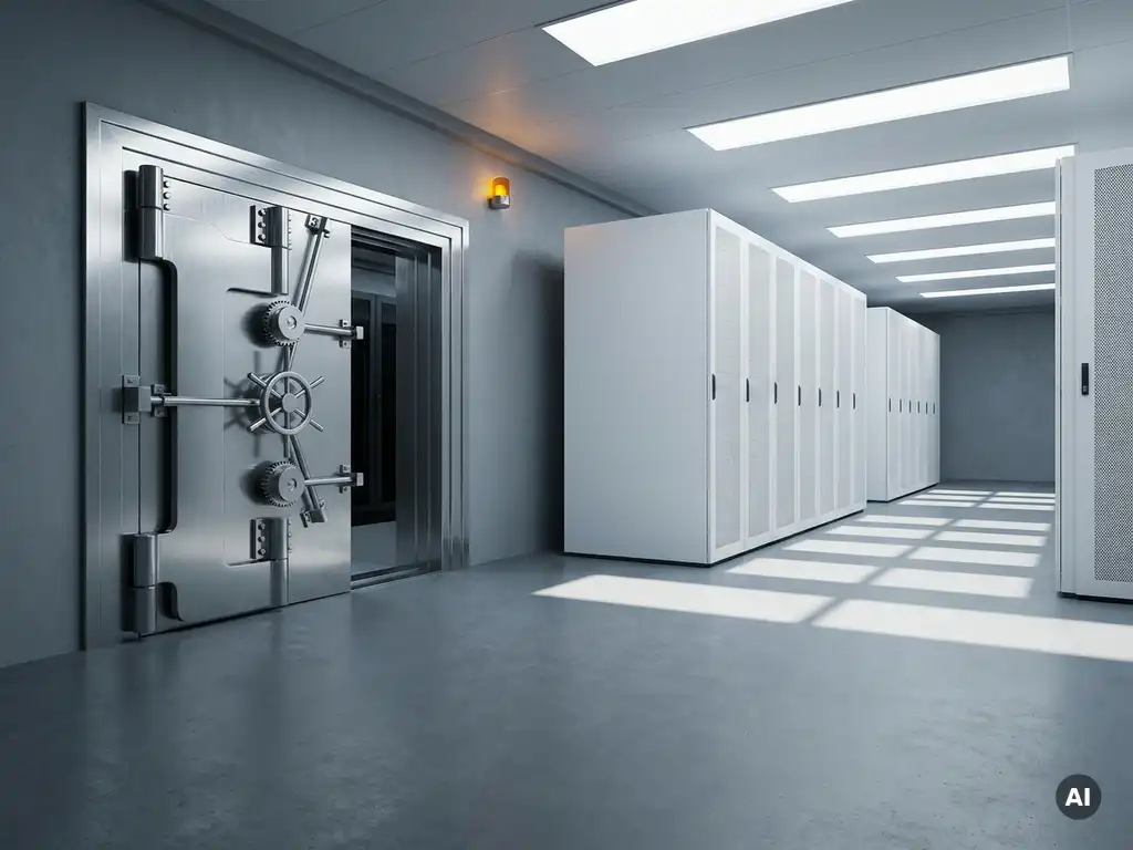 Stalen kluisdeur op een kier in een minimalistische datacentergang met witte serverrekken en een gloeiend amberkleurig beveiligingslampje.