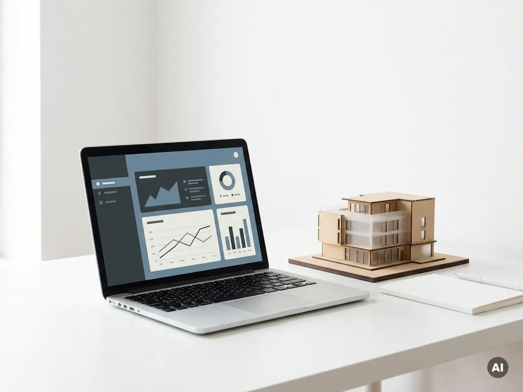 Open laptop met dashboard op wit bureau naast een architectonisch schaalmodel, gefotografeerd in zacht natuurlijk licht.
