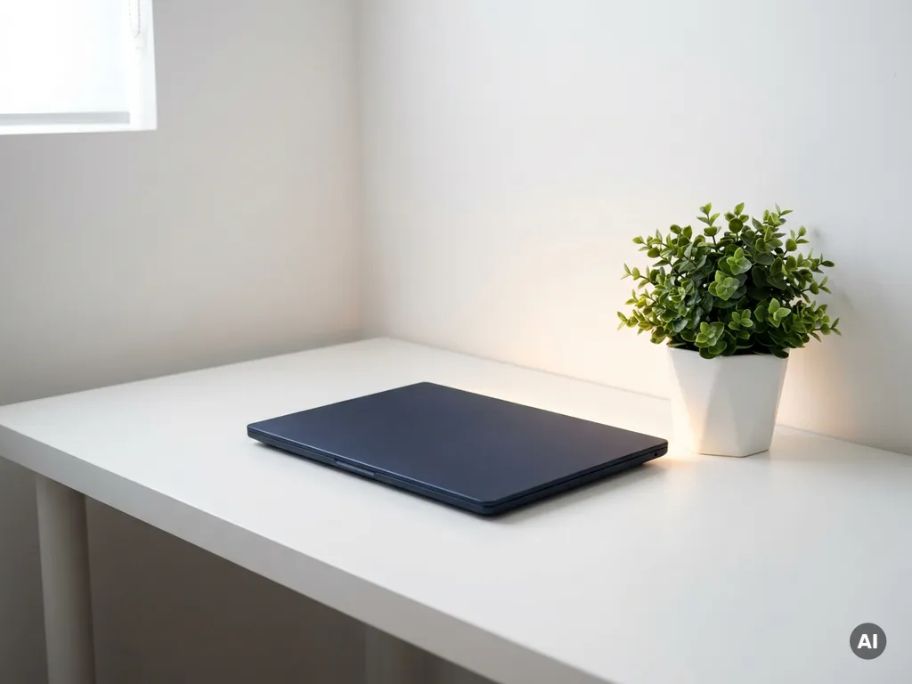 Laptop op wit bureau naast een kleine potplant, symbool voor bedrijfsgroei in een minimalistische werkruimte.