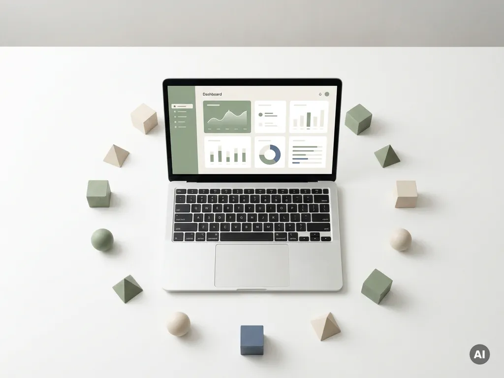 Open laptop met dashboard-interface op wit bureau, omringd door geometrische moduleblokken in saliegroen en leisteenblauw.