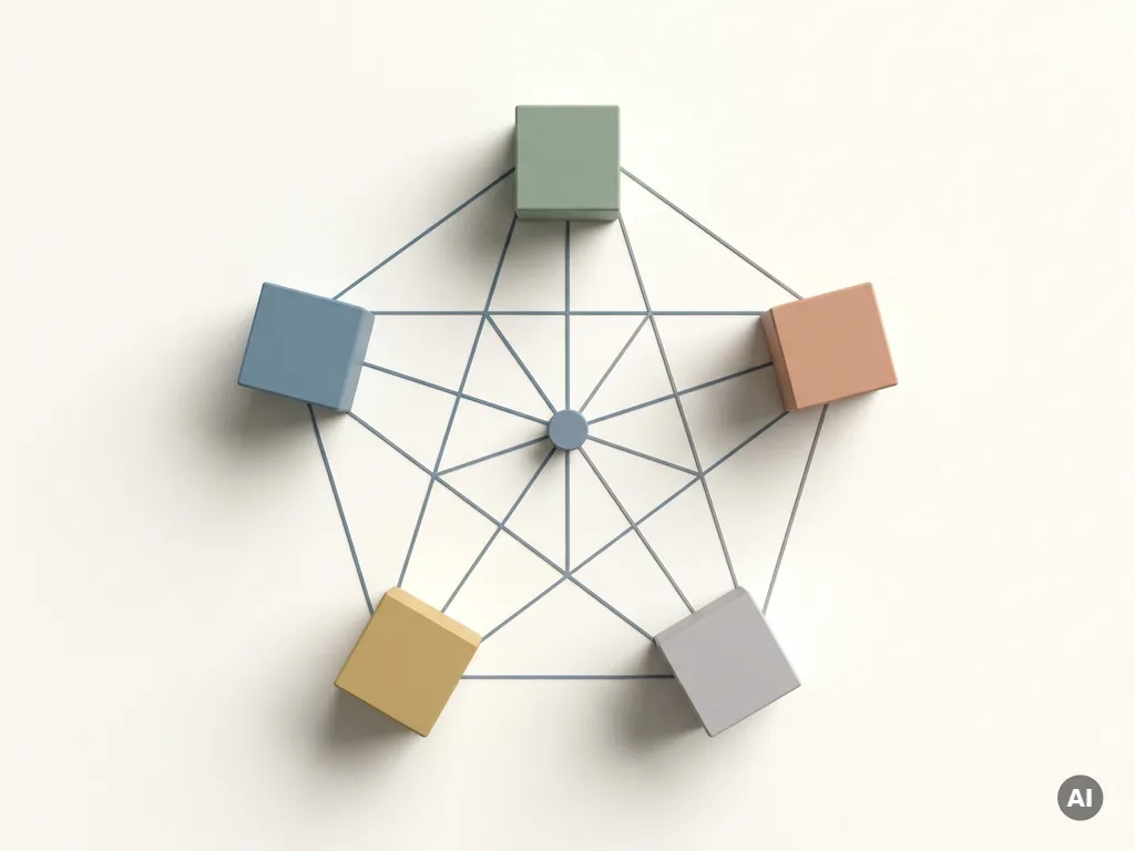 Vijf minimalistische kubusmodules in gedempte tinten verbonden via geometrische lijnen aan een centraal knooppunt op ivoren achtergrond.