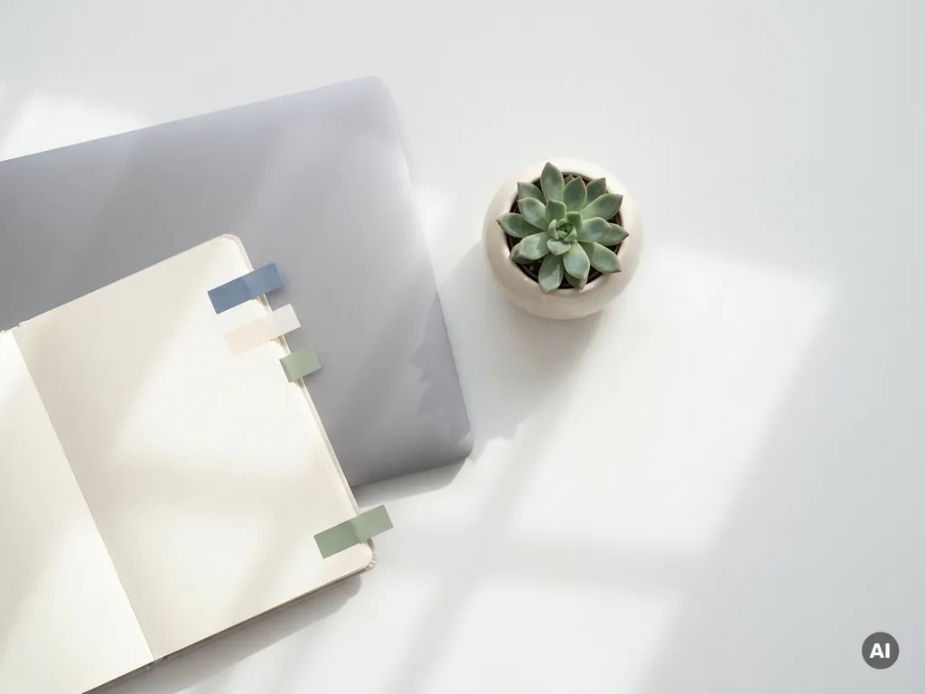Open notitieboek met kleurgecodeerde tabs naast laptop op wit bureau, met vetplant, in minimalistische flatlay-stijl.