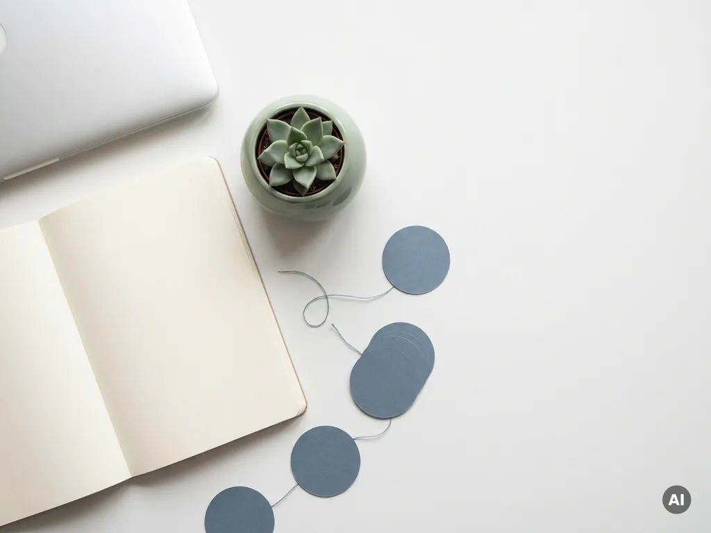 Open notitieboek en geometrische plant op wit bureau met contactkaartjes verbonden door een delicate draad, minimalistische flatlay.