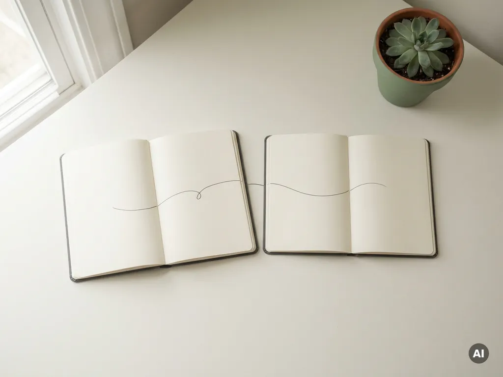 Twee opengeslagen zakelijke notitieboeken verbonden door een inktlijn op een minimalistisch bureau, met een vetplant in zachtgroen en gebroken wit.