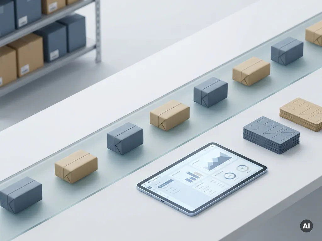 Pakketjes op een transportband die naadloos overgaan in een ERP-dashboard op een minimalistische witte werkplek, met magazijnplank op de achtergrond.
